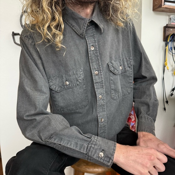 Vintage 70s 80s Key Denim Long Sleeve Button Down Work Shirt USA ~ Size Large - Picture 7 of 9